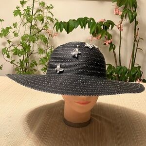 Elegant Black Metallic Silver Striped Hat with Butterfly Crystal Accents